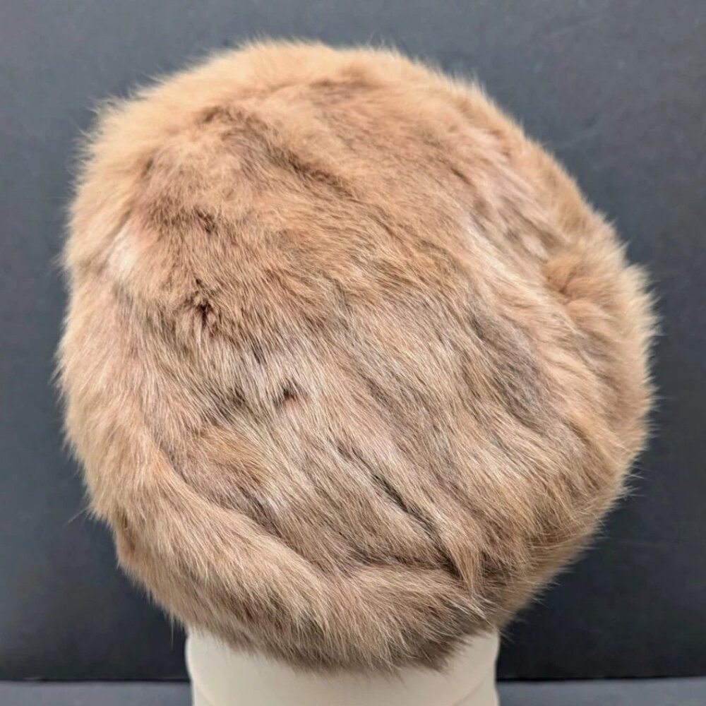 Vintage Women's Pillbox Cloche Hat Mod Retro Brown Beige Mink Fur Winter